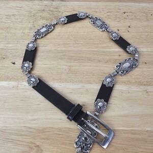 Western Concho Skinny Belt Womens 28 - 30" Black Leather Silver Hardware